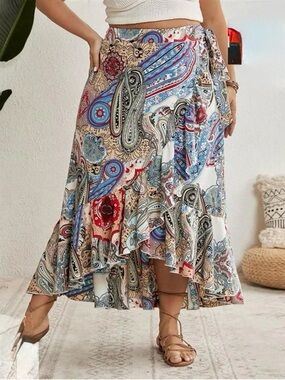2XL Shein Curve Plus Size Paisley Maxi Wrap Ruffle Skirts Red Blue White Black X